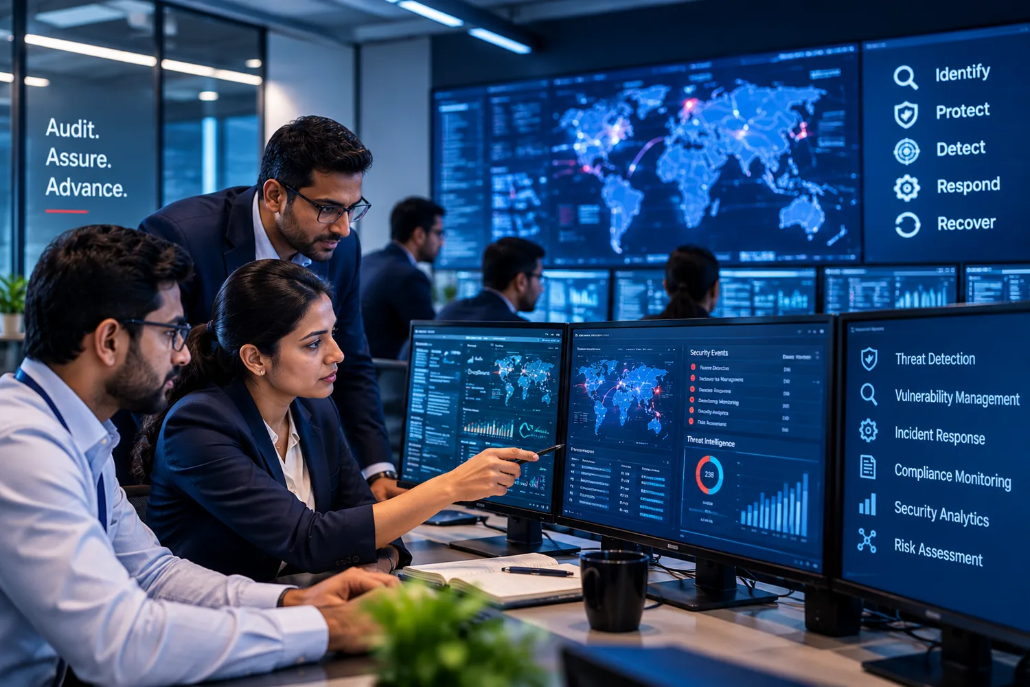 Cybersecurity assessment team reviewing security monitoring in a modern office