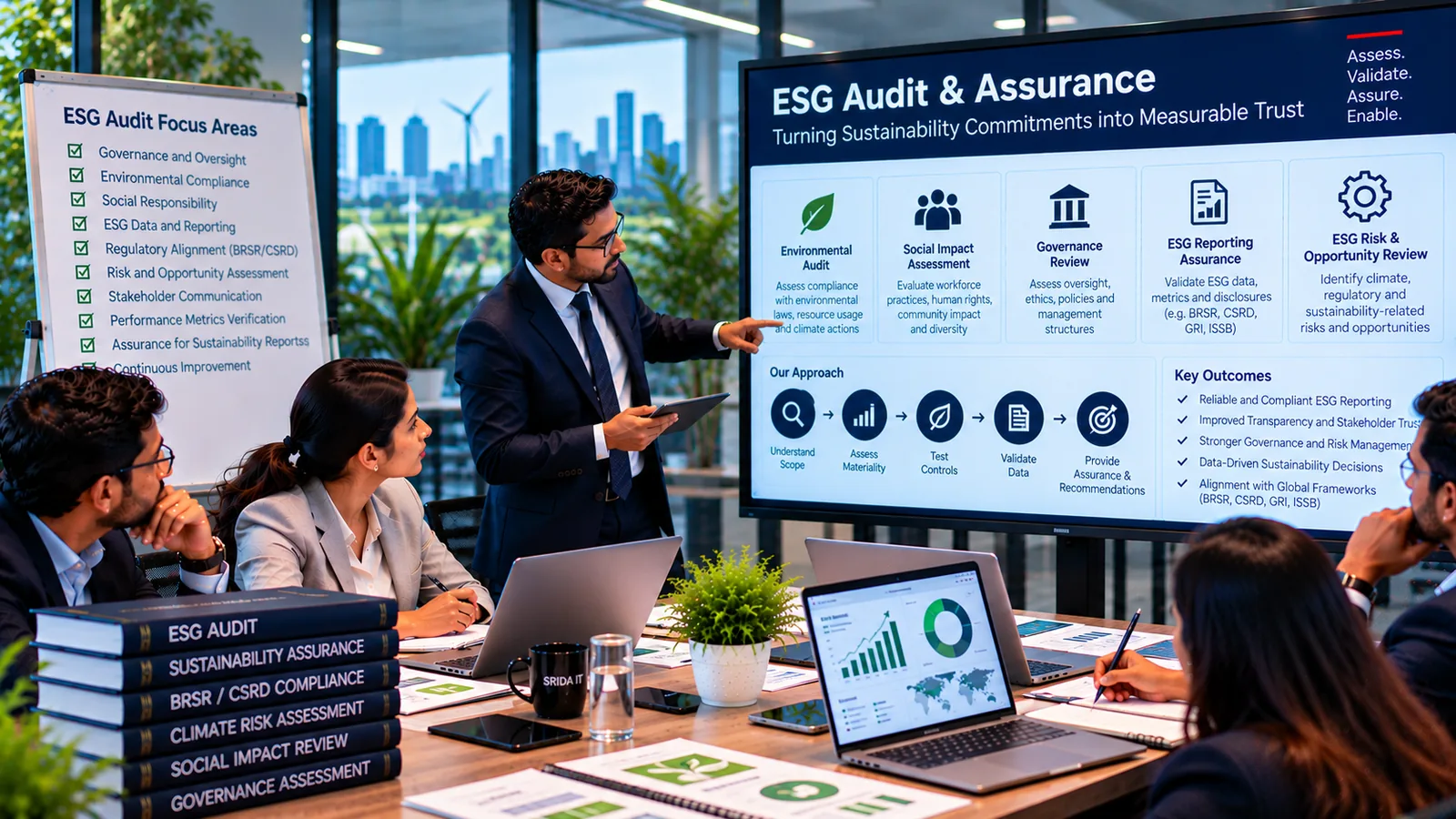Boardroom reviewing ESG and sustainability reporting assurance