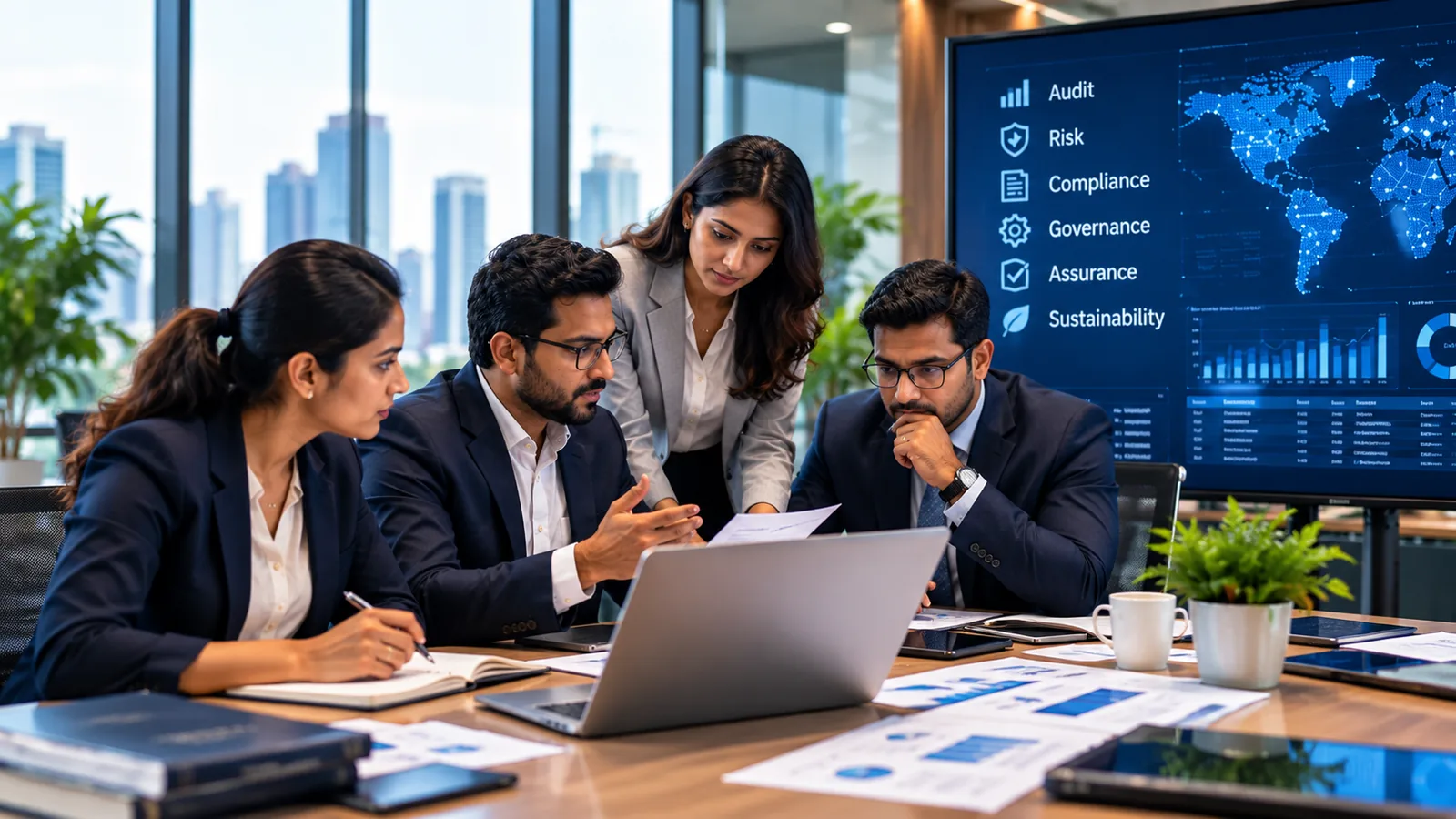 Audit and assurance team reviewing risk and compliance in a modern office