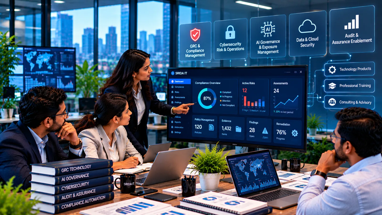 Conceptual illustration of a governance, risk and compliance technology dashboard