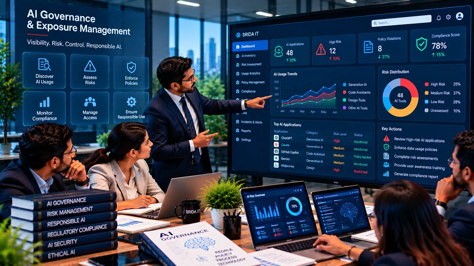 Conceptual illustration of an AI governance and exposure management dashboard